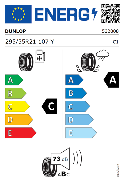 Tyre Label for Dunlop Sportmaxx RT 2 SUV 295/35R21 107Y