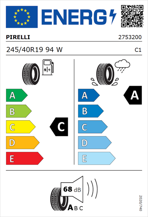 Tyre Label for Pirelli P Zero - Seal 245/40R19 94W